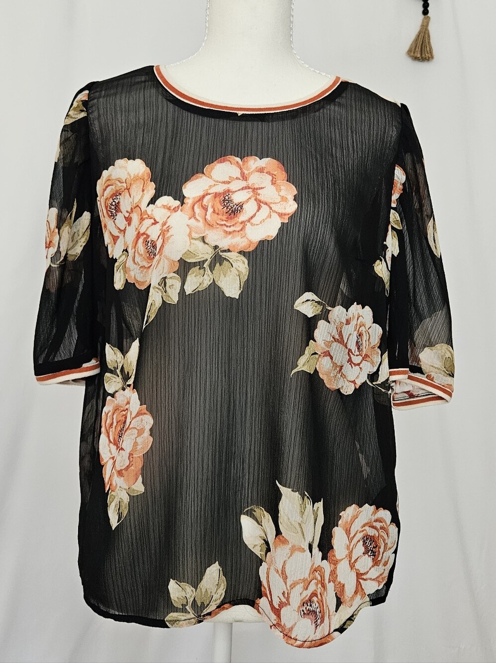 Black Sheer Floral Plissé Ringer Blouse Whimsigoth Boho Top M